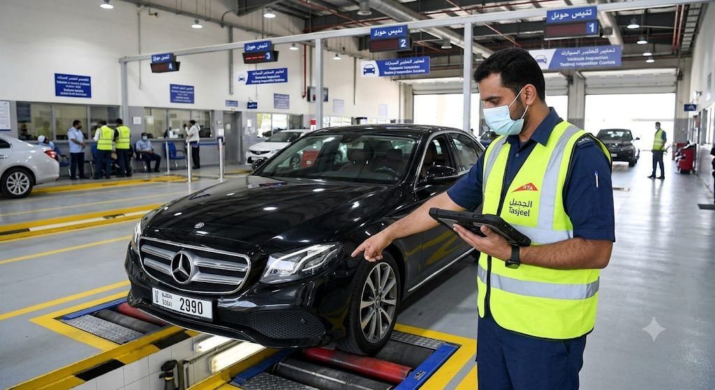 A man in green jacket inspecting Sedan car for registration renewal.