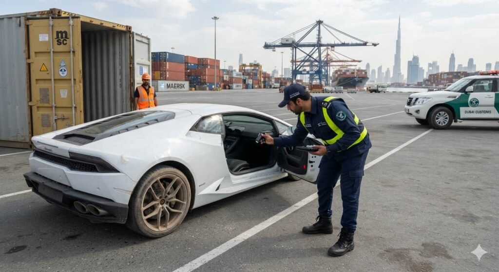 Customs officer inspecting imported car at Jebel Ali Port