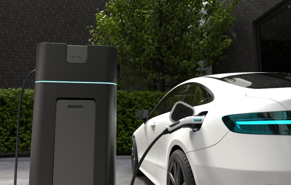 White hybrid car is at charged mode in electric charging station