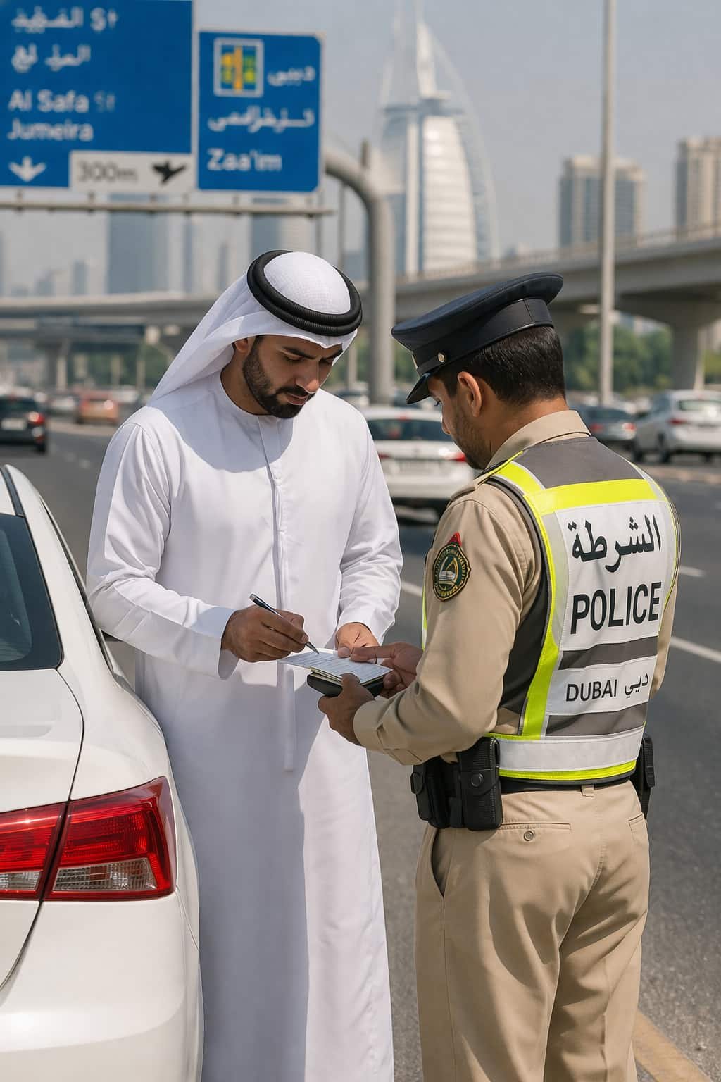 Dubai Police officer issuing fine to Emirati driver for expired vehicle registration (Mulkiya)